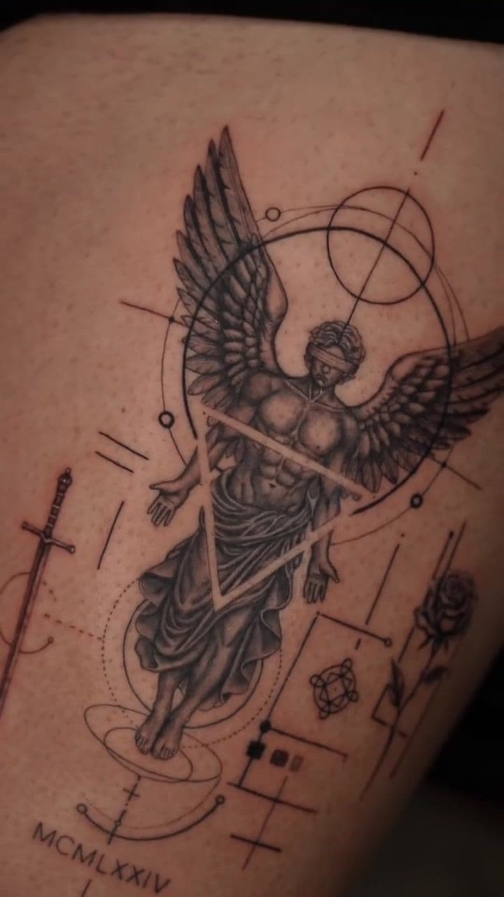 Angel and Geometry Memorial Thigh Piece